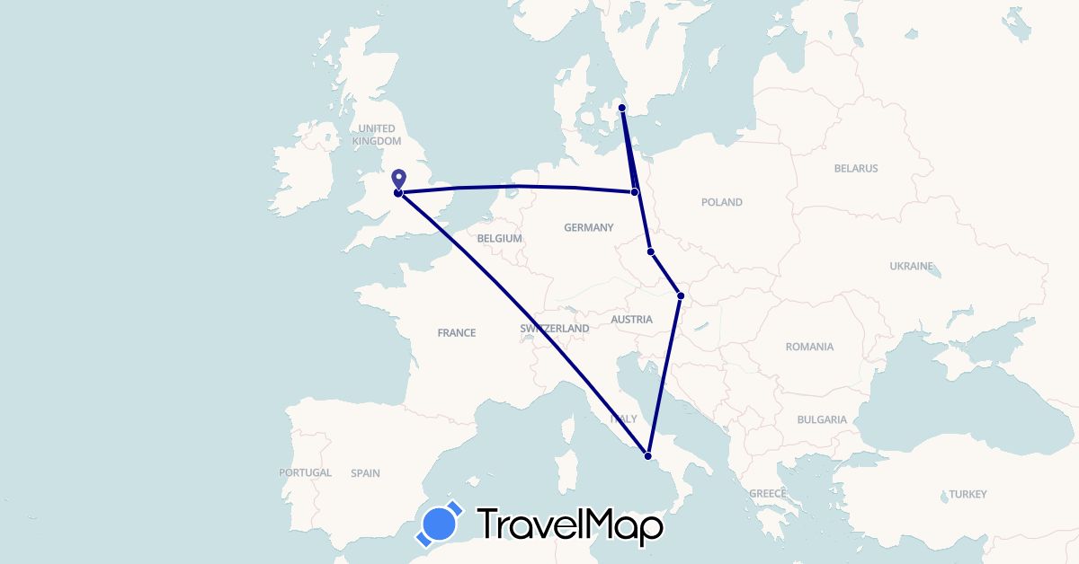 TravelMap itinerary: driving in Austria, Czech Republic, Germany, Denmark, United Kingdom, Italy (Europe)