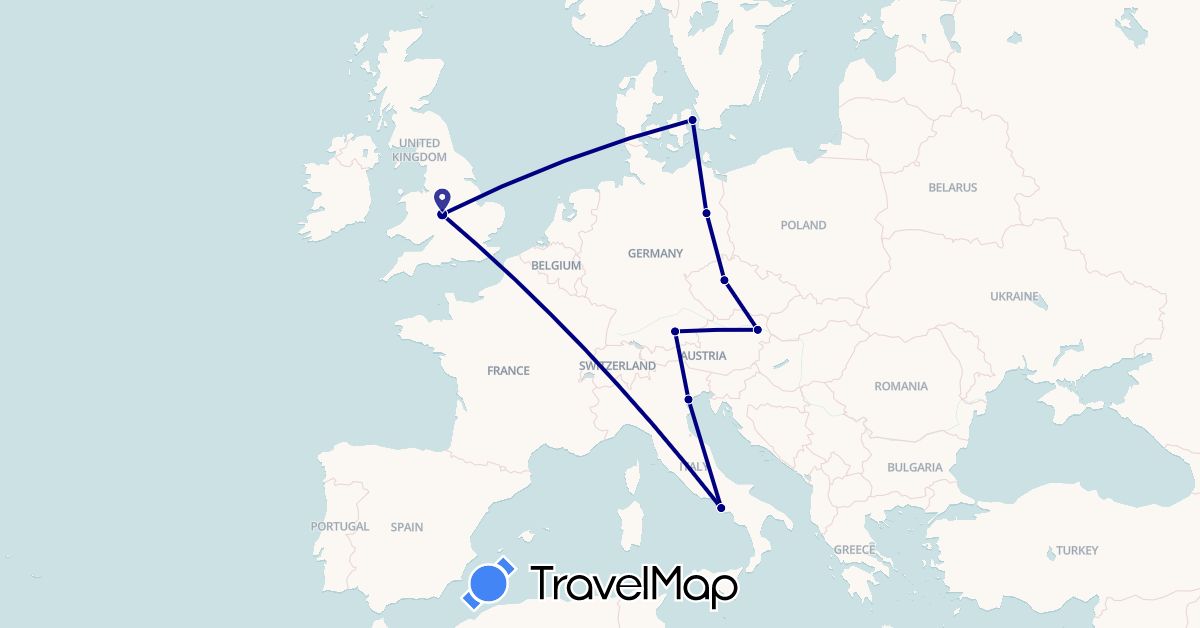 TravelMap itinerary: driving in Austria, Czech Republic, Germany, Denmark, United Kingdom, Italy (Europe)